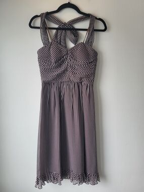 BCBG Brown and White Silk Striped Midi Dress with Halter Tie